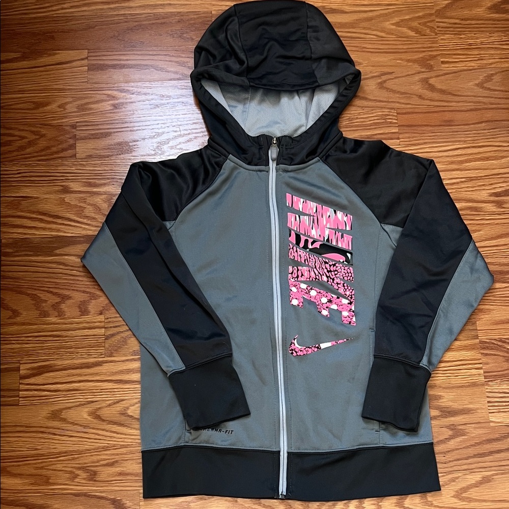 Nike Kids Black and Gray Hoodie with Pink Graphic